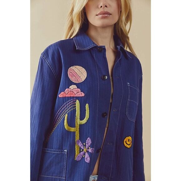 All The Wolves Desert Trip Jacket One Size Embroidered Slouchy Blue Jacket - Picture 1 of 9